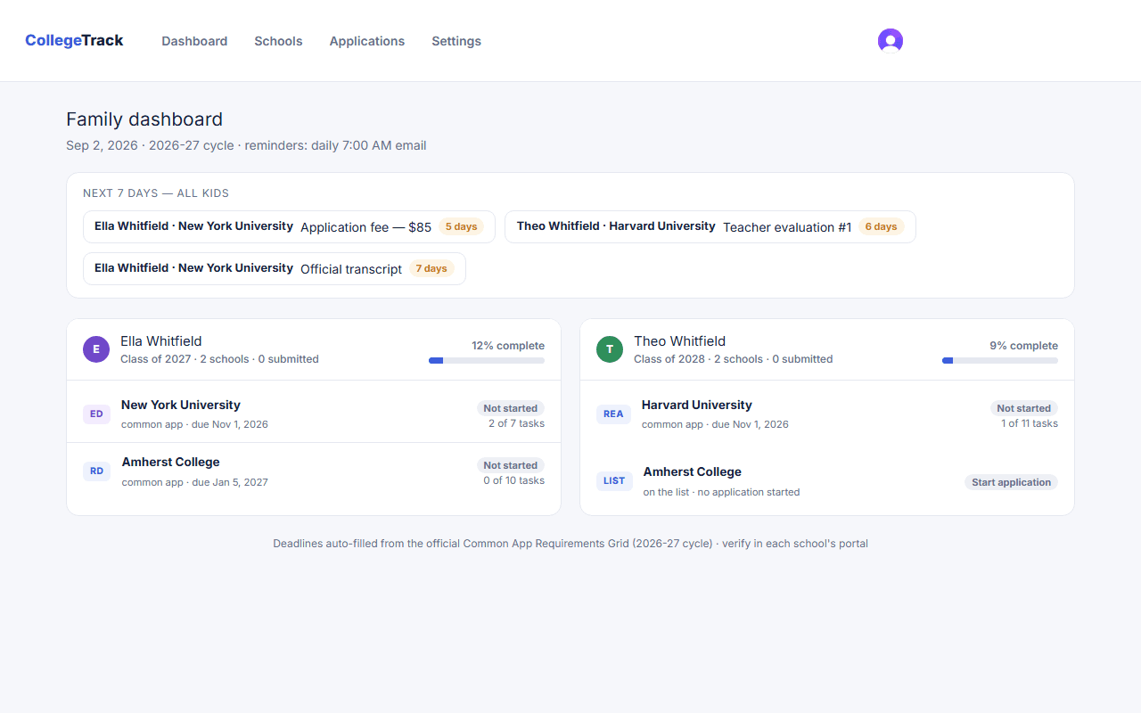The CollegeTrack parent dashboard: an upcoming-7-days strip above one column per student, each listing that student's applications with progress bars and deadline dates.