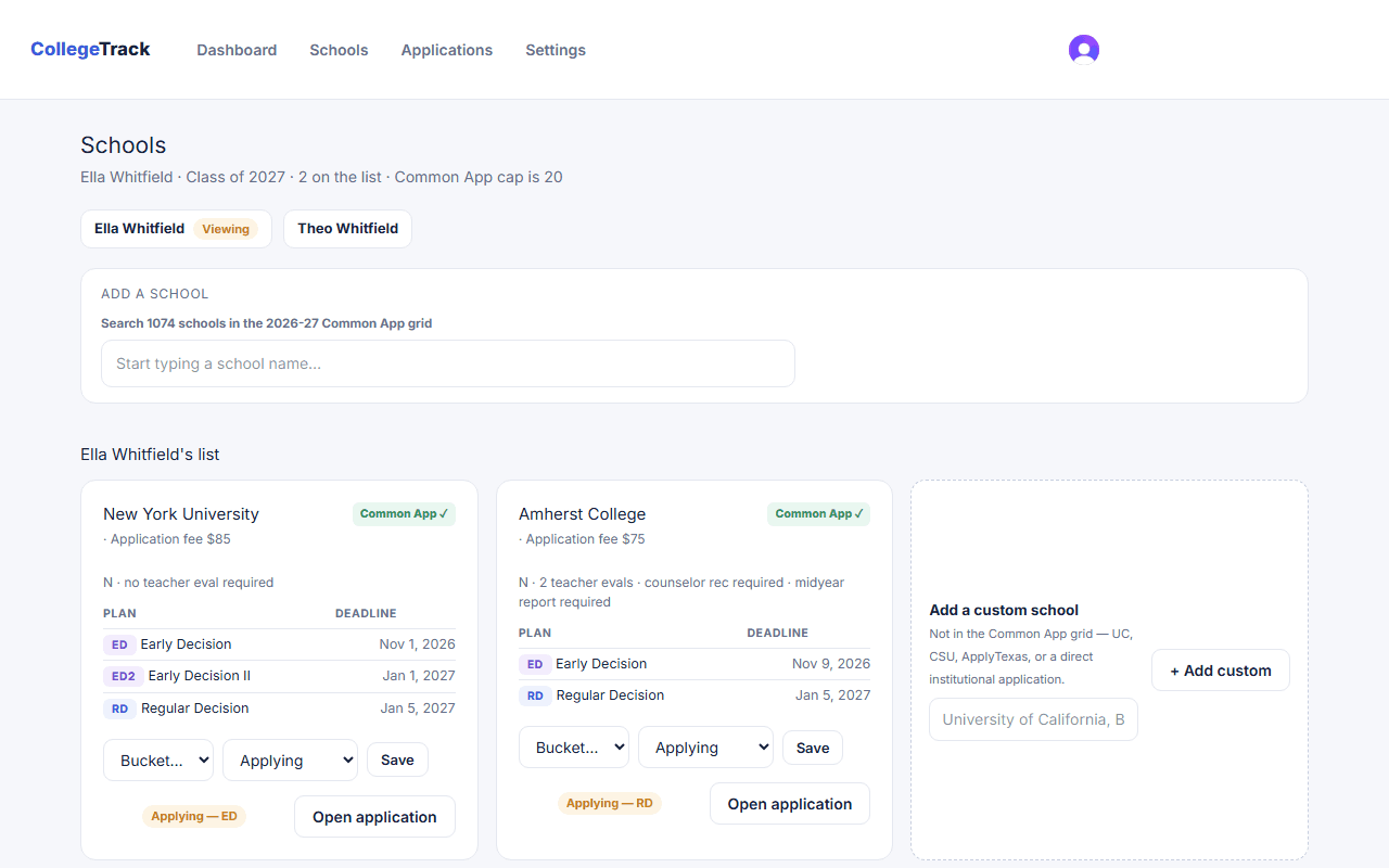 The school list screen: a search box over the Common App grid, and school cards showing a Common App badge, application fee and a table of every published plan with its deadline.